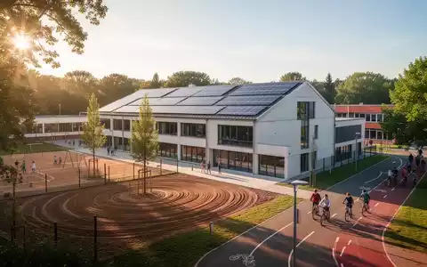 Ein modernes Schulgebäude mit Solaranlagen auf dem Dach, umgeben von begrünten Schulhöfen und Bäumen. Studenten sind im Hintergrund zu sehen. - Foto: über boerse-global.de