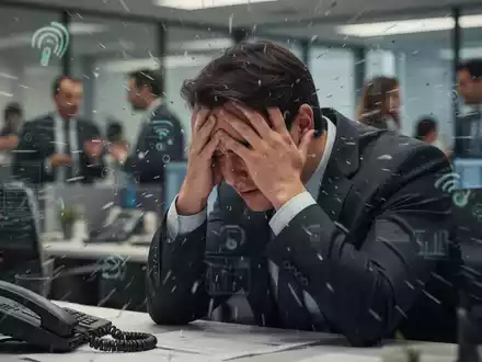 Eine gestresste Person in einem lauten Büroumfeld hält die Hände über den Kopf, im Hintergrund verschwommene Geräuschquellen. - Foto: über boerse-global.de
