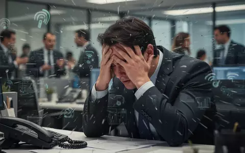 Eine gestresste Person in einem lauten Büroumfeld hält die Hände über den Kopf, im Hintergrund verschwommene Geräuschquellen. - Foto: über boerse-global.de