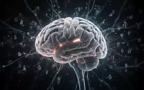 Ein stilisiertes, leuchtendes menschliches Gehirn mit beleuchteten neuronalen Pfaden und überlagerten sprachlichen Symbolen. - Foto: über boerse-global.de