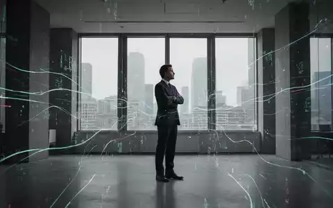 Ein Geschäftsmann steht nachdenklich in einem leeren, modernen Büro und blickt aus dem Fenster, umgeben von digitalen Datenflüssen. - Foto: über boerse-global.de