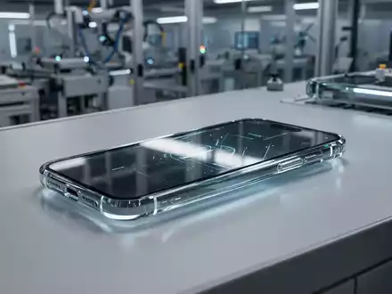 Schlankes, futuristisches Smartphone aus Glas, dezent leuchtend, auf minimalistischer Fläche in einer Hightech-Fertigungsanlage. - Foto: über boerse-global.de