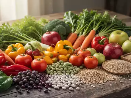 Nahaufnahme einer Anordnung aus frischen, bunten pflanzlichen Lebensmitteln wie Gemüse, Obst, Hülsenfrüchten und Getreide auf einem Holztisch. - Foto: über boerse-global.de