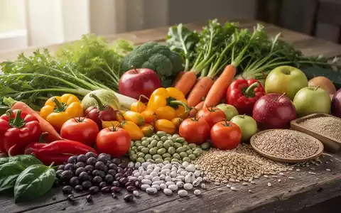 Nahaufnahme einer Anordnung aus frischen, bunten pflanzlichen Lebensmitteln wie Gemüse, Obst, Hülsenfrüchten und Getreide auf einem Holztisch. - Foto: über boerse-global.de