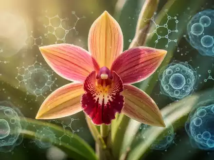 Eine Gastrodia elata Orchidee mit sanften Überlagerungen von molekularen Strukturen, die wissenschaftliche Forschung und natürliche Heilung symbolisieren. - Foto: über boerse-global.de