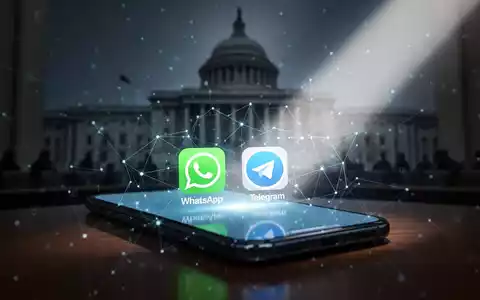 Smartphone-Bildschirm mit WhatsApp- und Telegram-Symbolen, verbunden durch Datenlinien, vor einem verschwommenen Regierungsgebäude, Symbol für digitale Regulierung. - Foto: über boerse-global.de