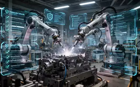 Roboterarme arbeiten an Maschinen in einer modernen Fabrik. Überlagerungen digitaler Sicherheitsprotokolle und Datenströme. - Foto: über boerse-global.de