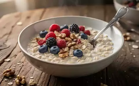 Nahaufnahme einer Schüssel Haferflocken mit Beeren und Nüssen auf einem Holztisch, im sanften Licht. Fokus auf gesunde Ernährung. - Foto: über boerse-global.de