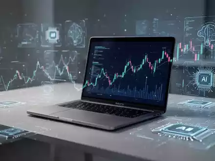 Moderner silberner Laptop auf einem sauberen Schreibtisch, umgeben von leuchtenden abstrakten digitalen Linien und Formen, die Technologie und Daten symbolisieren. - Foto: über boerse-global.de