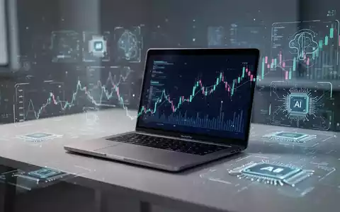 Moderner silberner Laptop auf einem sauberen Schreibtisch, umgeben von leuchtenden abstrakten digitalen Linien und Formen, die Technologie und Daten symbolisieren. - Foto: über boerse-global.de