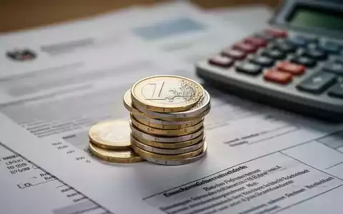 Nahaufnahme eines Stapels deutscher Euro-Münzen mit unscharfem Hintergrund aus offiziellen Dokumenten und einem Taschenrechner. - Foto: über boerse-global.de