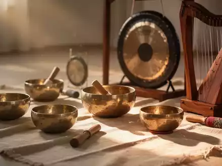 Eine friedliche Szene mit Klangschalen, Gongs und einer Harfe auf einem weichen Stoff, sanft beleuchtet. - Foto: über boerse-global.de