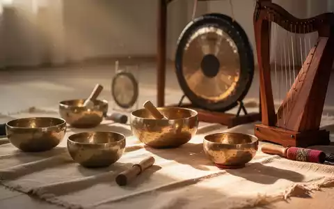 Eine friedliche Szene mit Klangschalen, Gongs und einer Harfe auf einem weichen Stoff, sanft beleuchtet. - Foto: über boerse-global.de