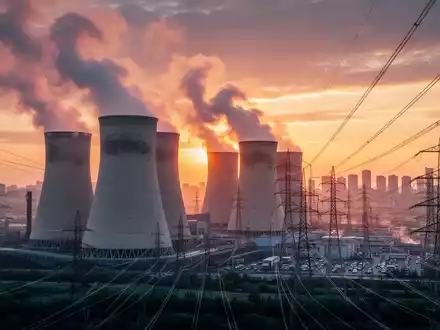 Ein großes Kohlekraftwerk mit Kühltürmen bei Sonnenuntergang, Hochspannungsleitungen führen zu einer Stadt. - Foto: über boerse-global.de
