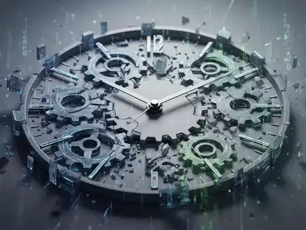 Eine stilisierte Uhr mit fragmentierten Zahnrädern und digitalen Elementen, die flexible Arbeitszeiten und moderne Zeiterfassung symbolisiert. - Foto: über boerse-global.de