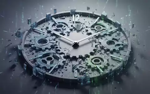 Eine stilisierte Uhr mit fragmentierten Zahnrädern und digitalen Elementen, die flexible Arbeitszeiten und moderne Zeiterfassung symbolisiert. - Foto: über boerse-global.de