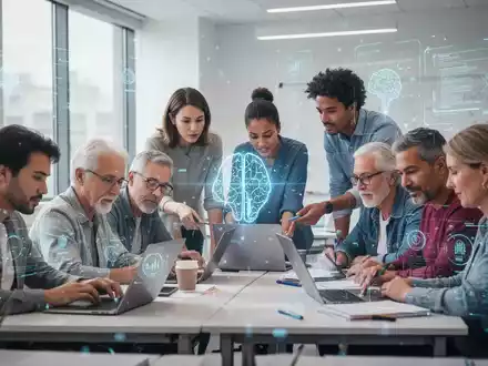 Eine vielfältige Gruppe von Erwachsenen lernt in einem modernen Klassenzimmer, umgeben von subtilen digitalen Overlays, die KI und Technologie symbolisieren. - Foto: über boerse-global.de