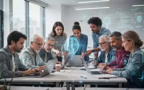 Eine vielfältige Gruppe von Erwachsenen lernt in einem modernen Klassenzimmer, umgeben von subtilen digitalen Overlays, die KI und Technologie symbolisieren. - Foto: über boerse-global.de