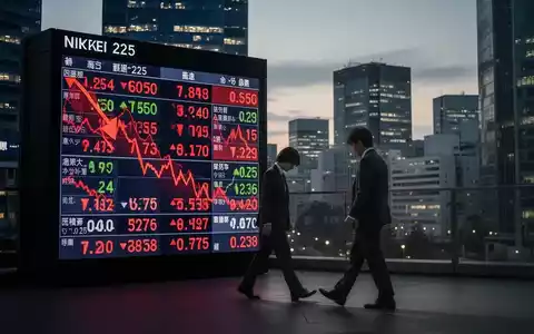 Eine nächtliche Aufnahme einer japanischen Finanzviertel-Skyline mit einem roten digitalen Börsenticker, der fallende Trends anzeigt. - Foto: über boerse-global.de