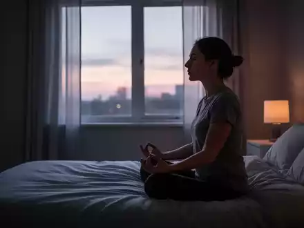 Eine Person meditiert oder macht AtemĂŒbungen in einem friedlichen Schlafzimmer bei Sonnenuntergang, das Licht ist sanft und beruhigend. - Foto: ĂŒber boerse-global.de