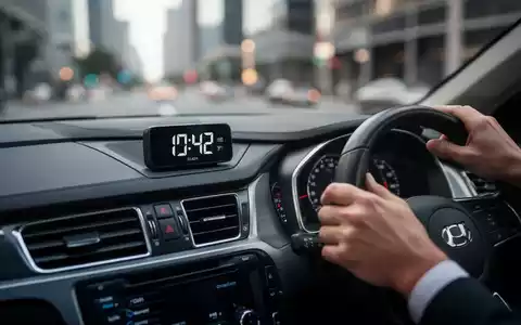 Nahaufnahme eines modernen Armaturenbretts mit digitaler Zeitanzeige und einer Hand am Lenkrad, die Pendelzeit und Arbeitszeiterfassung symbolisiert. - Foto: über boerse-global.de