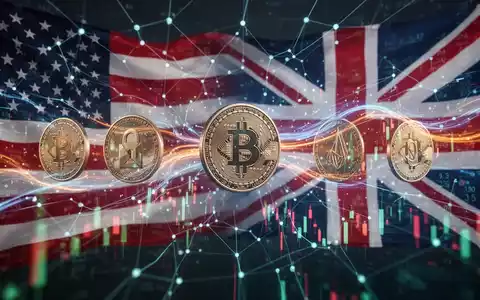 Digitale Darstellung von Stablecoins und tokenisierten Vermögenswerten mit US- und UK-Flaggenhinweisen, die grenzüberschreitende Zahlungen und Regulierung symbolisieren. - Foto: über boerse-global.de
