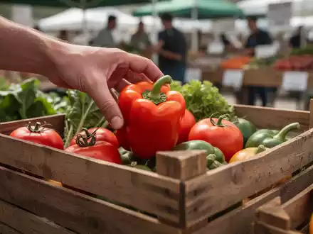 Eine Hand legt ein frisches, leuchtendes Bio-Gemüse in eine rustikale Holzkiste voller anderer frischer Produkte. - Foto: über boerse-global.de