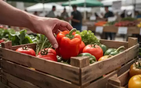 Eine Hand legt ein frisches, leuchtendes Bio-Gemüse in eine rustikale Holzkiste voller anderer frischer Produkte. - Foto: über boerse-global.de