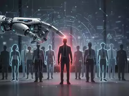Eine roboterähnliche Hand, die eine menschliche Silhouette aus einer Gruppe auswählt, symbolisiert KI-gesteuerte Entlassungen und Diskriminierung. - Foto: über boerse-global.de