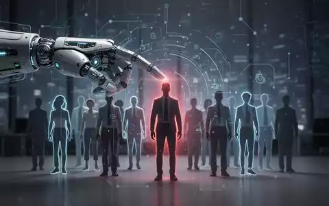 Eine roboterähnliche Hand, die eine menschliche Silhouette aus einer Gruppe auswählt, symbolisiert KI-gesteuerte Entlassungen und Diskriminierung. - Foto: über boerse-global.de