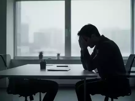 Eine Person sitzt allein an einem Schreibtisch, den Kopf in den Händen, in einem modernen, schwach beleuchteten Büro. - Foto: über boerse-global.de