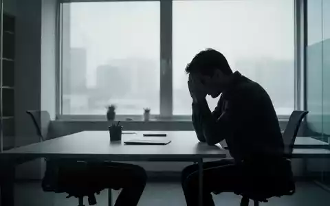 Eine Person sitzt allein an einem Schreibtisch, den Kopf in den Händen, in einem modernen, schwach beleuchteten Büro. - Foto: über boerse-global.de