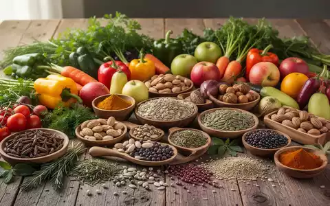 Eine bunte Auswahl an frischen pflanzlichen Lebensmitteln, darunter Gemüse, Obst, Nüsse und Gewürze, auf einem Holztisch. - Foto: über boerse-global.de