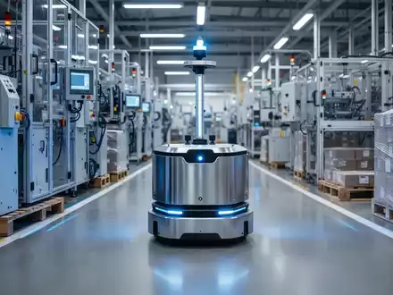 Ein autonomer mobiler Roboter (AMR) navigiert präzise durch eine moderne deutsche Fabrikhalle mit industriellen Maschinen. - Foto: über boerse-global.de