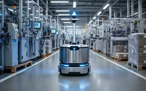 Ein autonomer mobiler Roboter (AMR) navigiert präzise durch eine moderne deutsche Fabrikhalle mit industriellen Maschinen. - Foto: über boerse-global.de