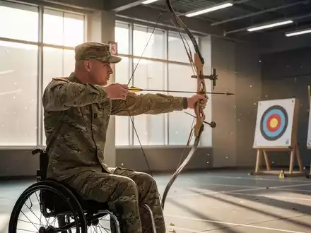 Ein Soldat mit einer Behinderung konzentriert sich beim Bogenschießen in einer modernen Sporthalle. - Foto: über boerse-global.de