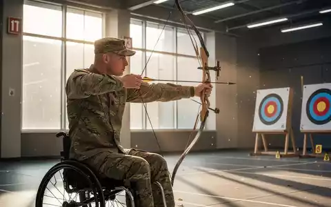 Ein Soldat mit einer Behinderung konzentriert sich beim Bogenschießen in einer modernen Sporthalle. - Foto: über boerse-global.de