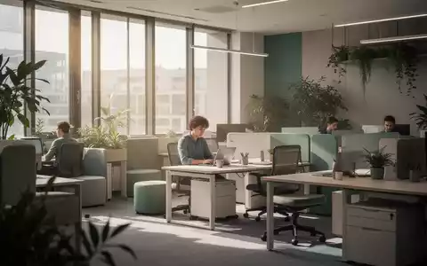 Ein modernes, offenes Büro mit mehreren Arbeitsplätzen, Pflanzen und einer Person, die an einem Laptop arbeitet. - Foto: über boerse-global.de