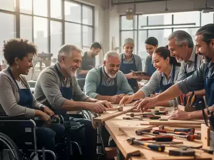 Menschen mit Behinderung arbeiten konzentriert in einer modernen Werkstatt, mit Fokus auf ihre Hände und Gesichter. - Foto: über boerse-global.de