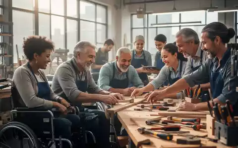 Menschen mit Behinderung arbeiten konzentriert in einer modernen Werkstatt, mit Fokus auf ihre Hände und Gesichter. - Foto: über boerse-global.de