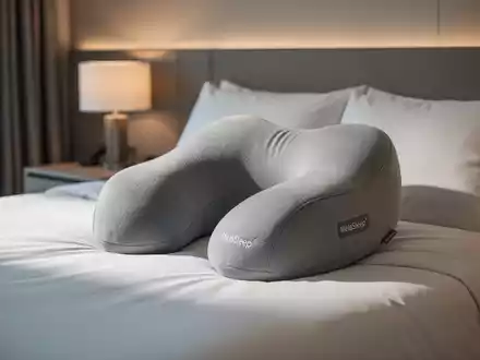 Ein ergonomisches Nackenstützkissen, MelaSleep, liegt auf einem Bett in einem modernen, ruhigen Schlafzimmer. Sanftes Licht. - Foto: über boerse-global.de