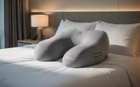 Ein ergonomisches Nackenstützkissen, MelaSleep, liegt auf einem Bett in einem modernen, ruhigen Schlafzimmer. Sanftes Licht. - Foto: über boerse-global.de