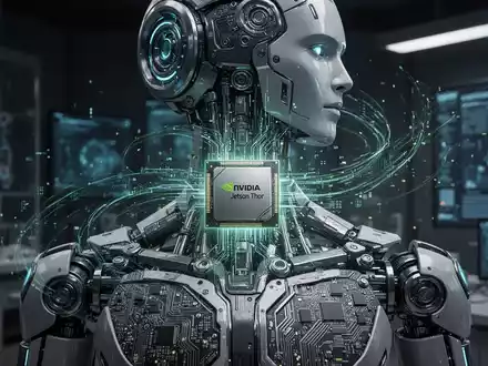 Nahaufnahme eines NVIDIA Jetson Thor Moduls, integriert in die interne Hardware eines Roboters, mit futuristischen Datenströmen. - Foto: über boerse-global.de