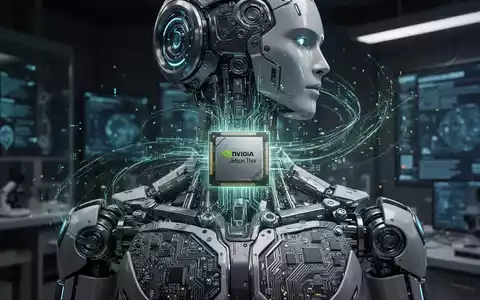 Nahaufnahme eines NVIDIA Jetson Thor Moduls, integriert in die interne Hardware eines Roboters, mit futuristischen Datenströmen. - Foto: über boerse-global.de