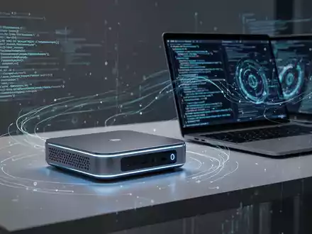 Zukunftssicherer Mini-PC und Hochleistungs-Laptop auf einem Schreibtisch, umgeben von abstrakten Datenlinien, die KI darstellen. - Foto: über boerse-global.de