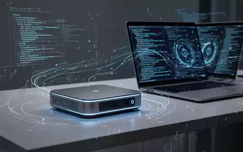 Zukunftssicherer Mini-PC und Hochleistungs-Laptop auf einem Schreibtisch, umgeben von abstrakten Datenlinien, die KI darstellen. - Foto: über boerse-global.de