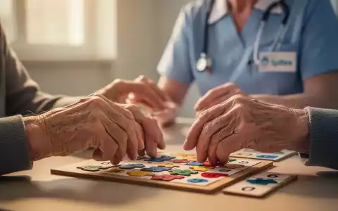 Ăltere HĂ€nde, die ein GedĂ€chtnisspiel spielen, mit einer verschwommenen Pflegekraft im Hintergrund, die UnterstĂŒtzung anbietet. - Foto: ĂŒber boerse-global.de