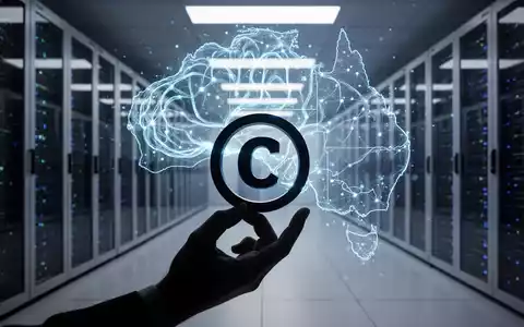 Leuchtendes neuronales Netz-Gehirn mit Australien-Karte, Hand mit Copyright-Symbol und Rechenzentrumsservern - Foto: über boerse-global.de