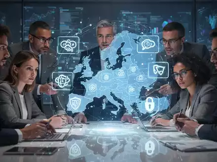 Menschen arbeiten an einer holografischen Schnittstelle mit Open-Source-Symbolen und Europakarte, Symbol für digitale Souveränität. - Foto: über boerse-global.de