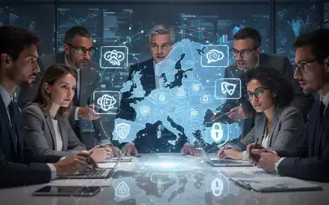 Menschen arbeiten an einer holografischen Schnittstelle mit Open-Source-Symbolen und Europakarte, Symbol für digitale Souveränität. - Foto: über boerse-global.de